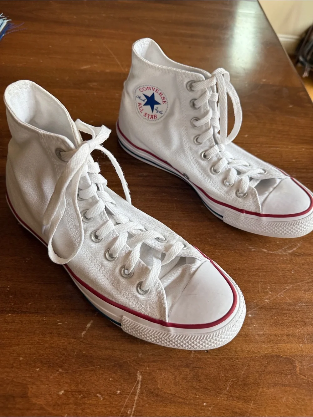 Converse White High Top Sneakers with Red & Blue Trim